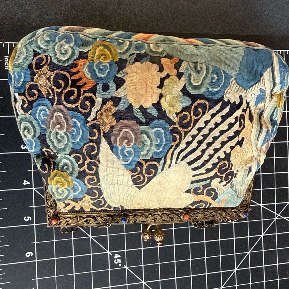 Antique Rare Chinese Woven Kesi Evening Hand Bag Gilt Coral Lapis - Picture 8 of 9